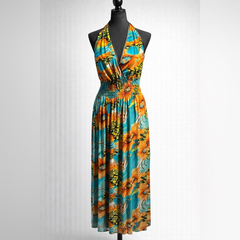 Floral Halter Maxi Dress - Blue and Orange size large